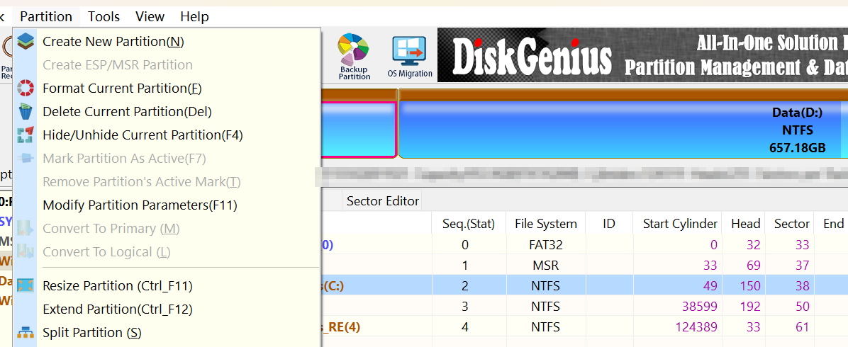 DiskGenius 的 Partition 菜单:Resize / Extend / Split